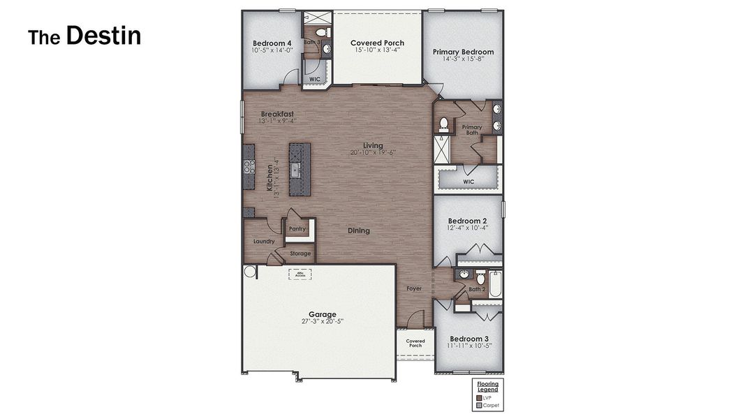 2D floor plan layout for the DESTIN by D.R. Horton in Cedar Hill Landing, Navassa, NC (Image 4).