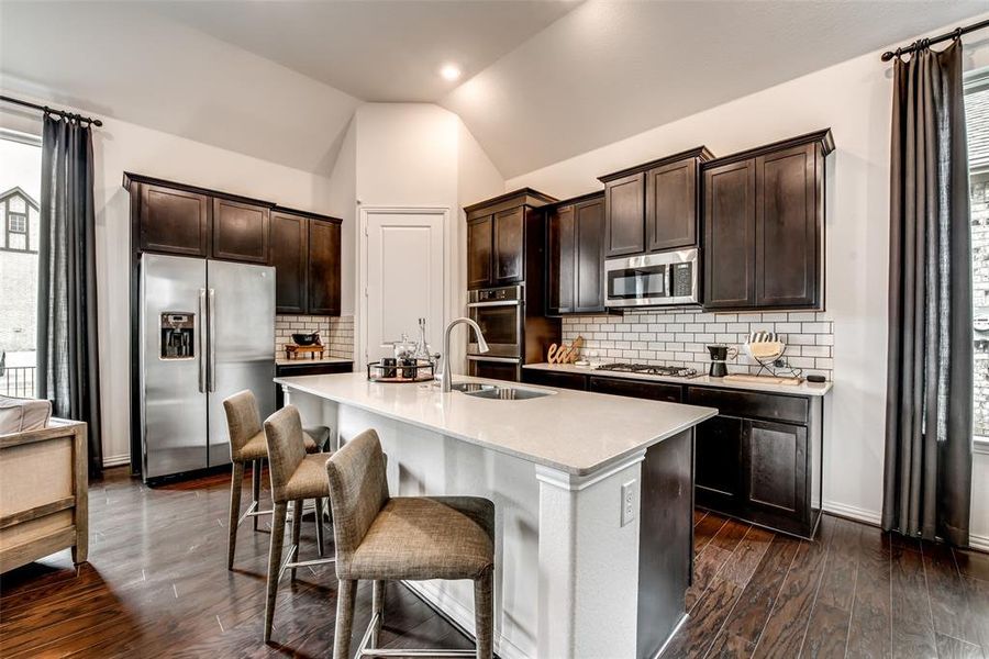 Kitchen featuring plenty of natural light, dark brown cabinets, stainless steel appliances, and vaulted ceiling