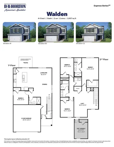 2D floor plan layout for the Walden by D.R. Horton in Belle Grove, Wendell, NC (Image 3).