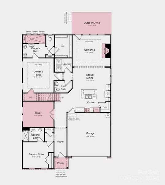 Structural options include include: Study in place of flex, outdoor living, fireplace, owner’s bath 3, gourmet kitchen, and tray ceiling at gathering room and owner’s suite.