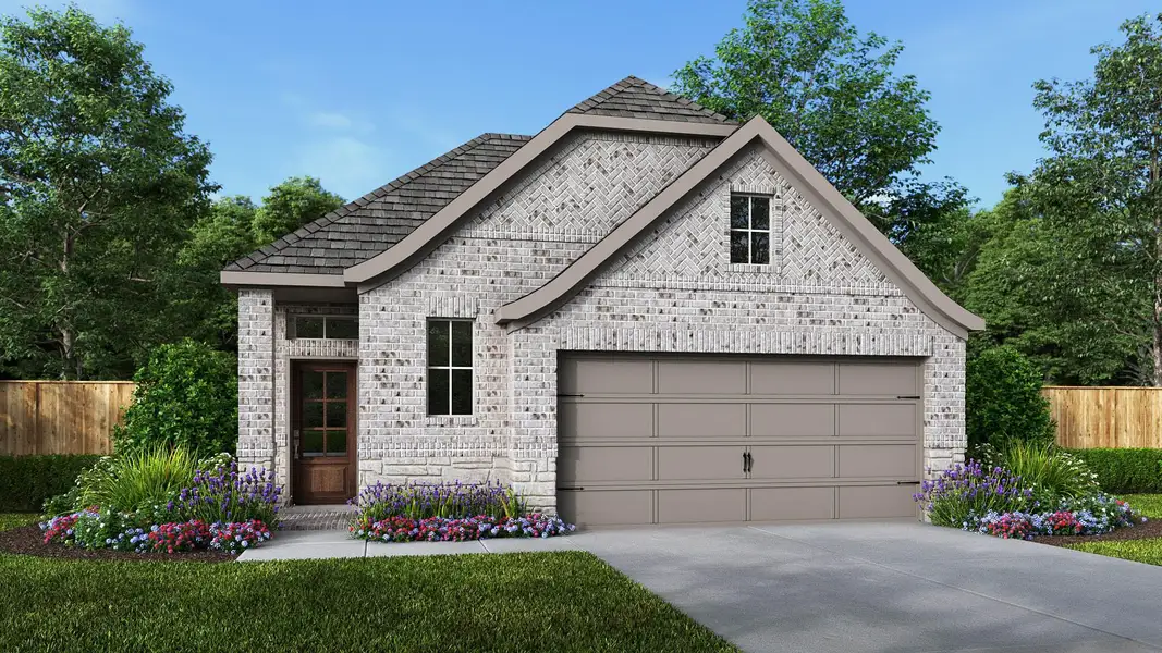 Front exterior of a new home in Meridiana 40'/45', Manvel, TX, highlighting curb appeal (Image 1). Front exterior of a new home in Meridiana 40'/45', Manvel, TX, highlighting curb appeal (Image 1).