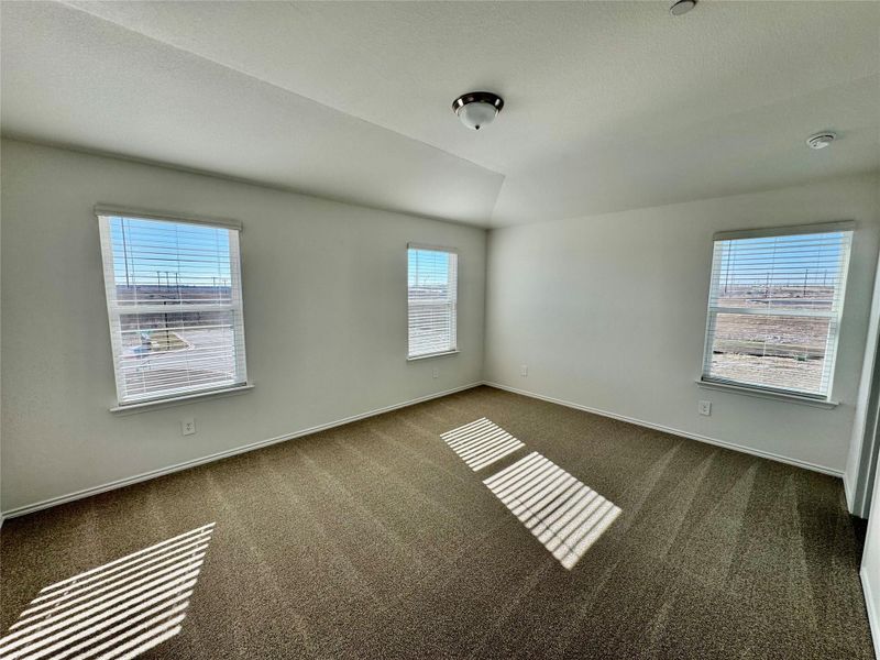 Spare room with dark colored carpet and lofted ceiling