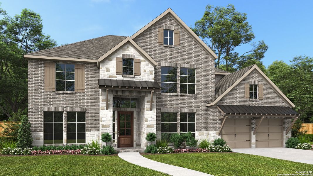 Front exterior of a new home in Johnson Ranch 70', Bulverde, TX, highlighting curb appeal (Image 1).