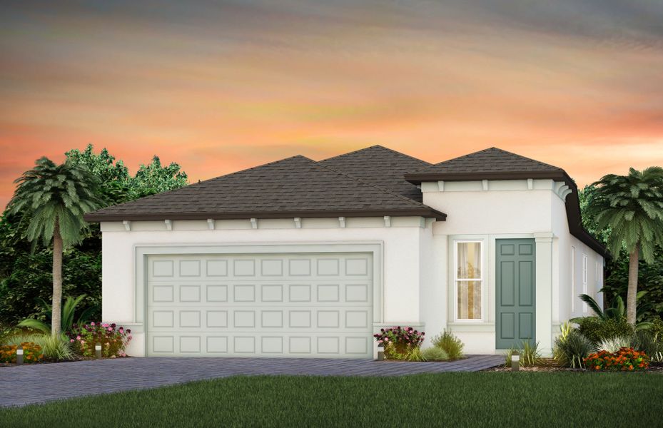 Front exterior of a new home in Del Webb Sunchase, Parrish, FL, highlighting curb appeal (Image 1). Front exterior of a new home in Del Webb Sunchase, Parrish, FL, highlighting curb appeal (Image 1).