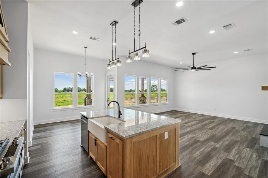 Kitchen with ceiling fan, a chandelier, dark wood-style floors, recessed lighting, and appliances with stainless steel finishes