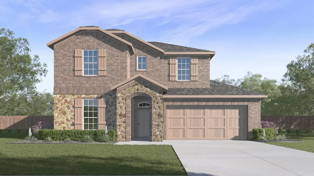 Front exterior of a new home in Madera, Royse City, TX, highlighting curb appeal (Image 1). Front exterior of a new home in Madera, Royse City, TX, highlighting curb appeal (Image 1).