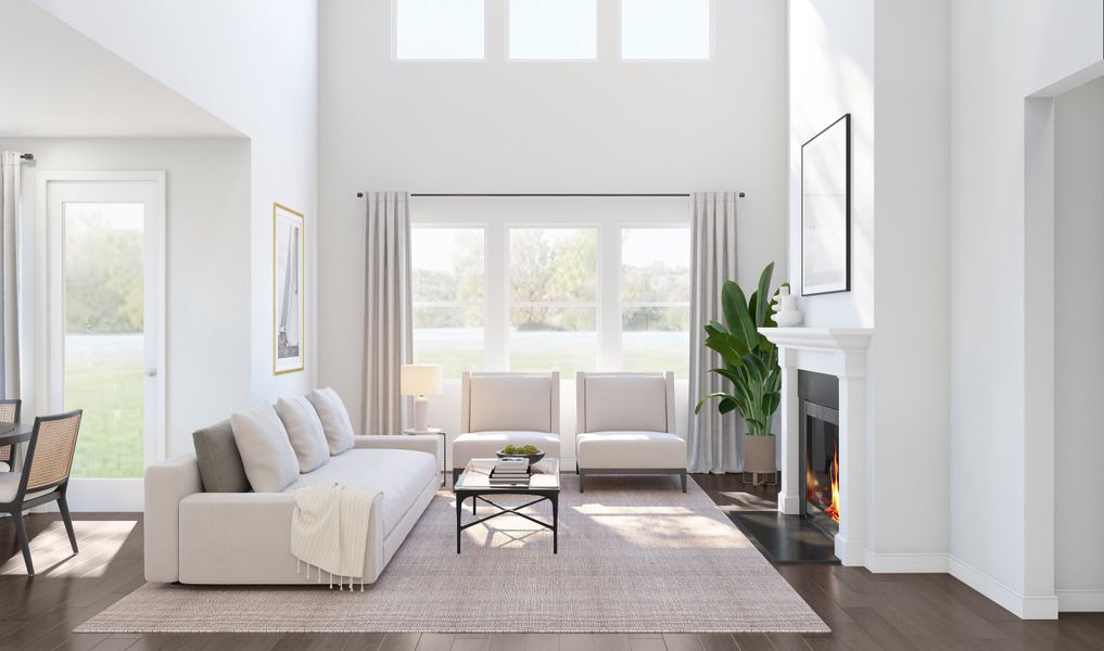 Two-story great room with fireplace