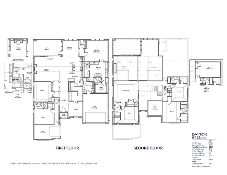 2D floor plan layout for the Dayton - SH 6421 by Shaddock Homes in Park Place - 80' Lots, Prosper, TX (Image 3).