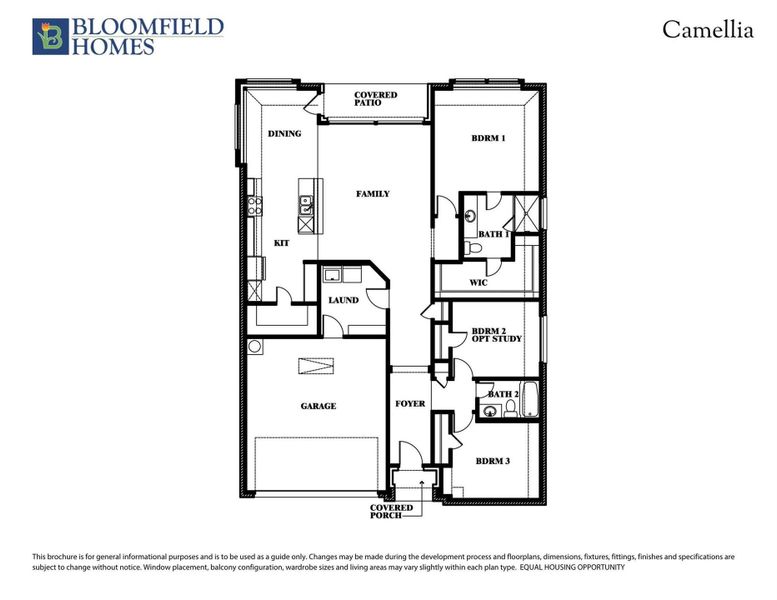 Bloomfield Homes Camellia floor plan with three bedrooms, two bathrooms, family room, kitchen, laundry, and two-car garage. Bloomfield Homes Camellia floor plan with three bedrooms, two bathrooms, family room, kitchen, laundry, and two-car garage.