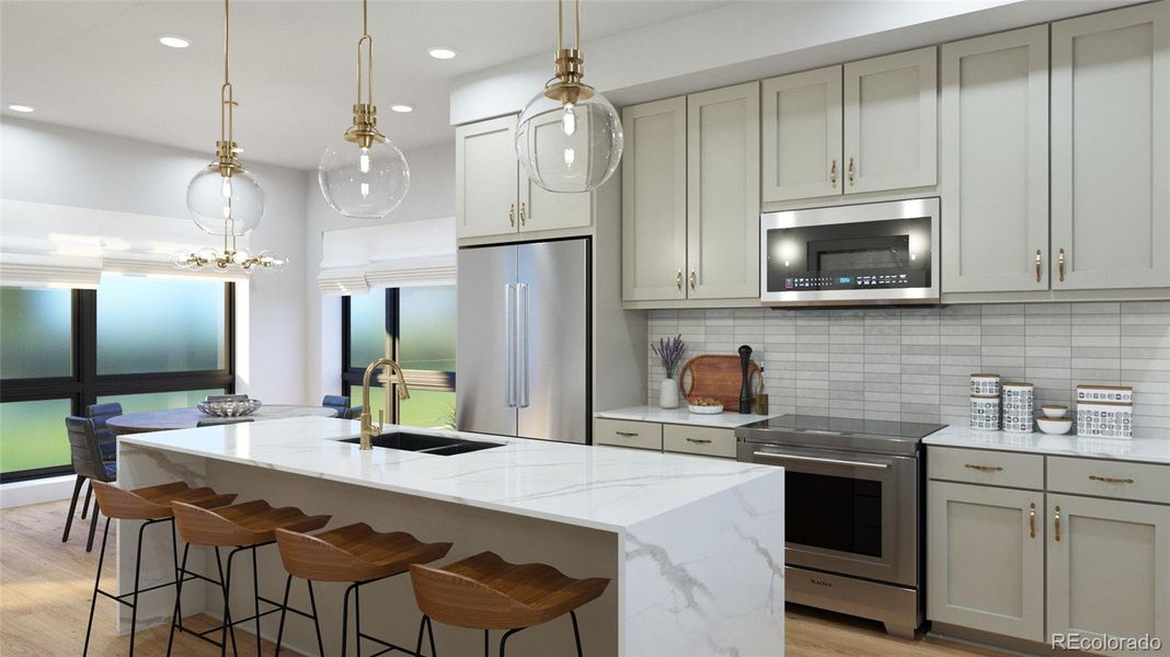 Kitchen option featuring waterfall Quartz countertops, Tharp cabinetry and sleek appliances. Disclaimer: Images are representative of available finishes. Finishes in homes under construction may vary.