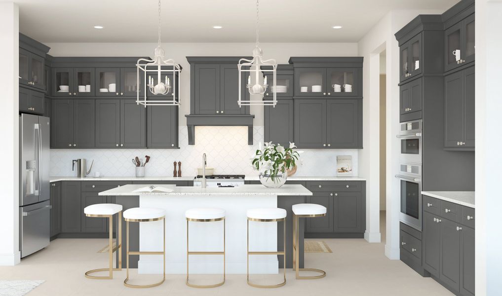 Kitchen with glass upper cabinets and pendant lighting