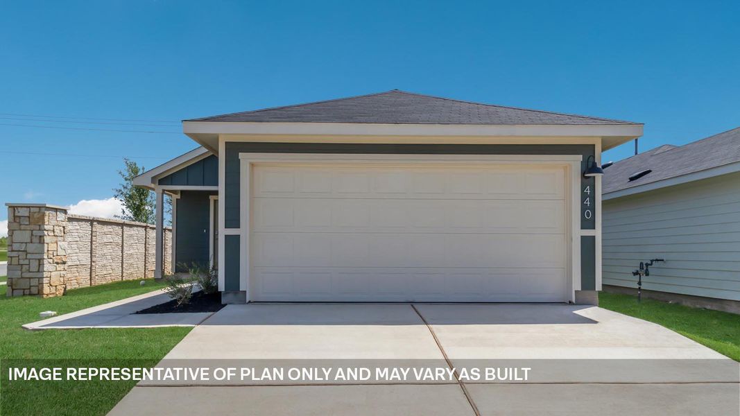 Front exterior of a new home in Prairie Lakes, Buda, TX, highlighting curb appeal (Image 2). Front exterior of a new home in Prairie Lakes, Buda, TX, highlighting curb appeal (Image 2).