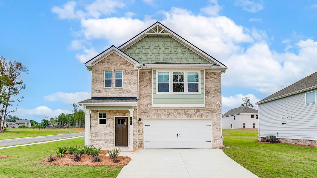Representative exterior photo of a completed home built from the Zoey II by DRB Homes in Abbotts Crossing, Conyers, GA (Image 22). Representative exterior photo of a completed home built from the Zoey II by DRB Homes in Abbotts Crossing, Conyers, GA (Image 22).