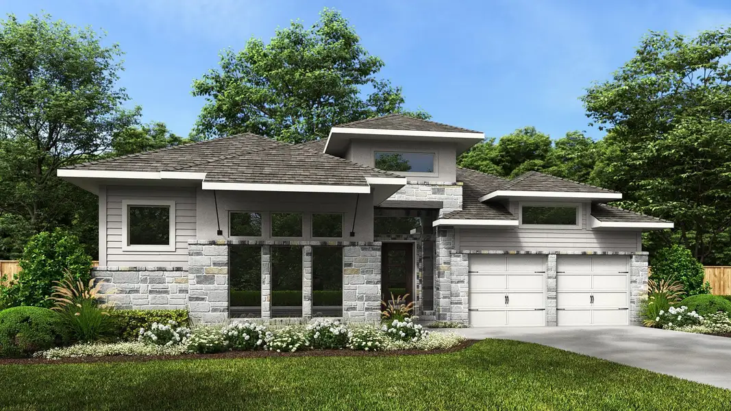 View of front of home featuring stone siding, driveway, and a front lawn View of front of home featuring stone siding, driveway, and a front lawn