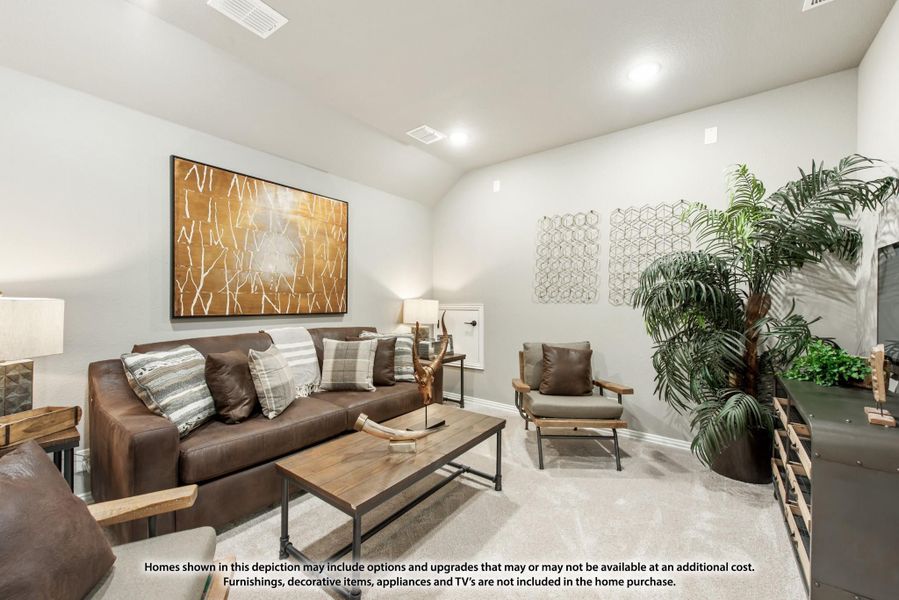 Living room with brown leather sofa, wood coffee table, vaulted ceiling, and large wall art on light gray walls