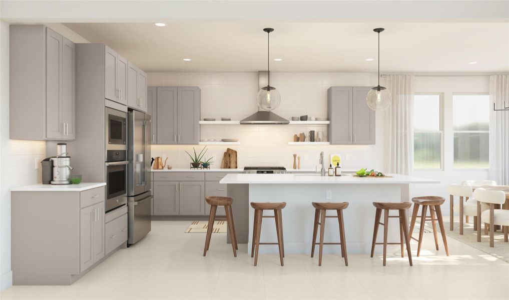 Gourmet kitchen with ash grey cabinets and quartz countertops (*Artist rendering used for illustration purposes only.)