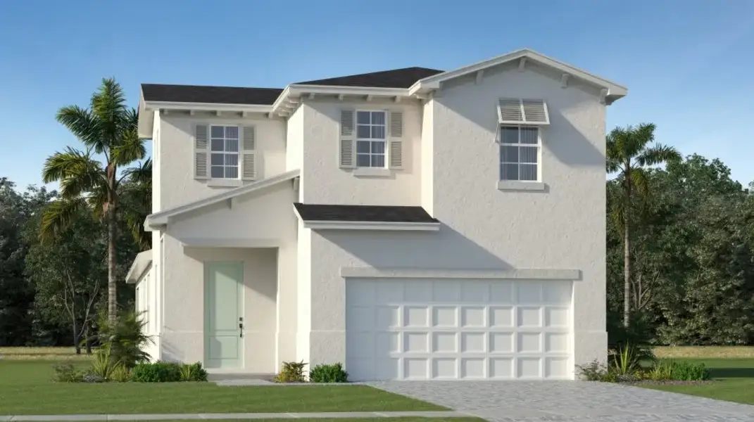 Front exterior of a new home in The Timbers at Everlands, Palm Bay, FL, highlighting curb appeal (Image 1). Front exterior of a new home in The Timbers at Everlands, Palm Bay, FL, highlighting curb appeal (Image 1).
