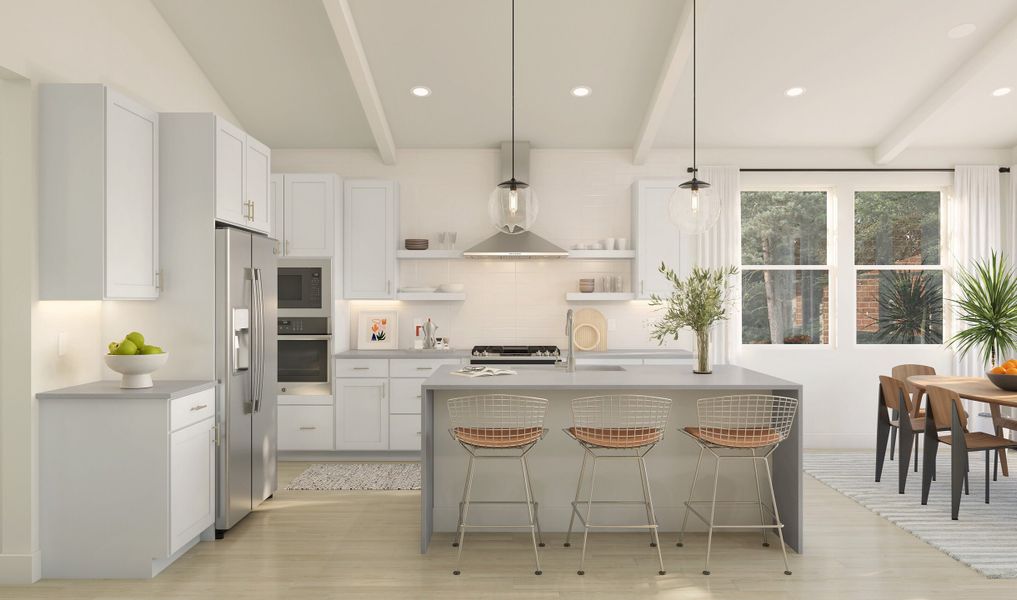 Kitchen with pendant lighting and waterfall island