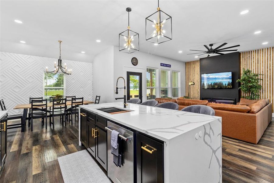 Stunning quartz waterfall island that seats 4