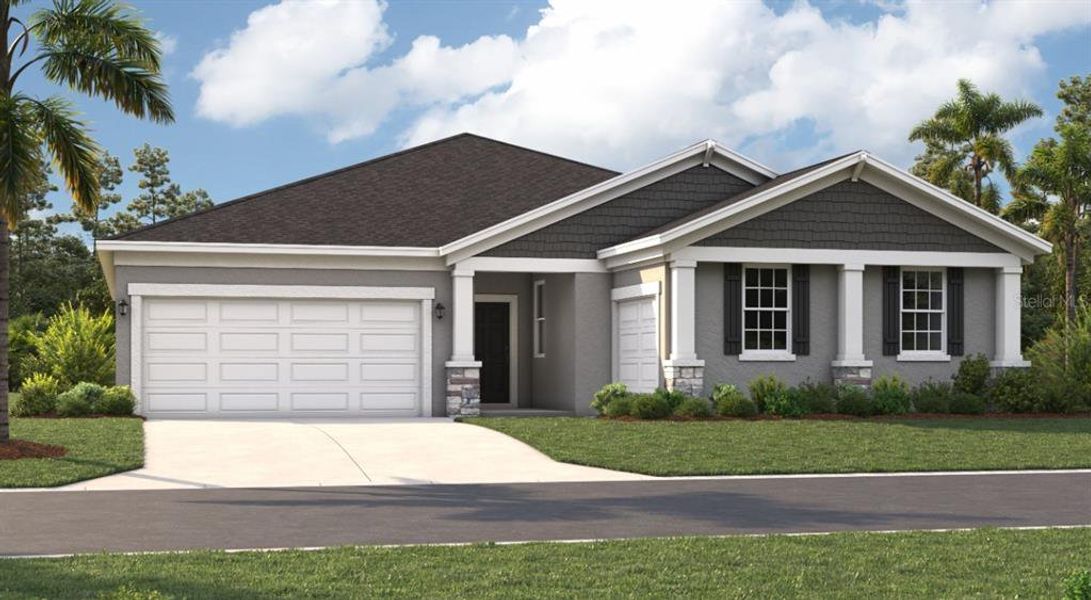 Front exterior of a new home in Groves at Grand Island, Grand Island, FL, highlighting curb appeal (Image 1). Front exterior of a new home in Groves at Grand Island, Grand Island, FL, highlighting curb appeal (Image 1).