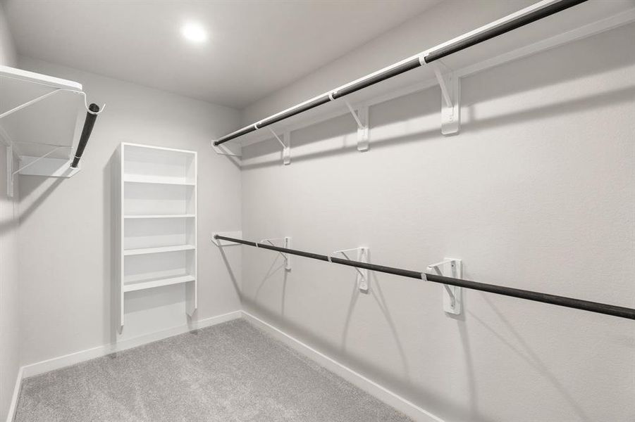 Experience luxury in this spacious walk-in closet with high ceilings and plush carpet. Warm paint tones, built-in shelving, and dark finishes create a contemporary and functional retreat. Sample photo of completed home with similar floor plan. As-built interior colors and selections may vary.