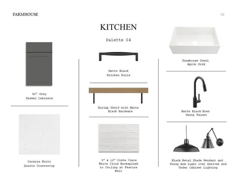 Farmhouse Look Palette 6: Kitchen Selection Sheet (*Artist rendering used for illustration purposes only.)