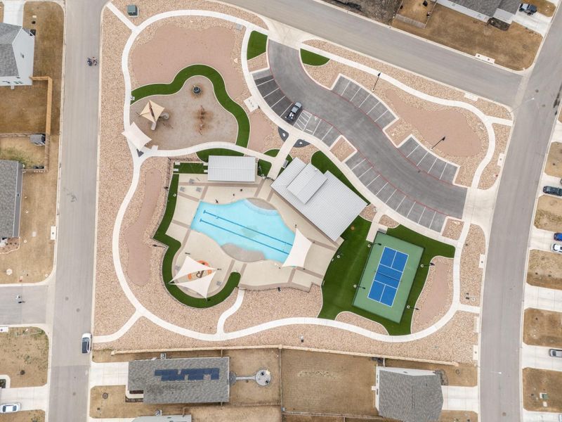 Drone / aerial view of a pool area