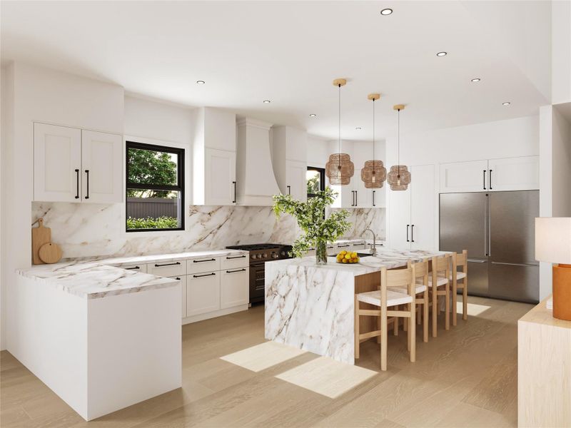 Be in awe of your designer-inspired kitchen concept showcases waterfall-edge Taj Mahal countertops, custom inlay cabinets, z-line appliances, a double fridge freezer, your hidden pantry, abundant prep space, and an oversized island ideal for entertaining and everyday living.
