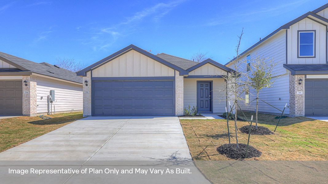 Front exterior of a new home in Spring Valley, New Braunfels, TX, highlighting curb appeal (Image 2). Front exterior of a new home in Spring Valley, New Braunfels, TX, highlighting curb appeal (Image 2).