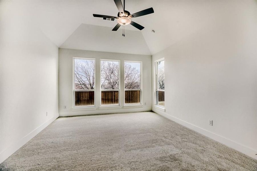 Carpeted spare room featuring ceiling fan and lofted ceiling