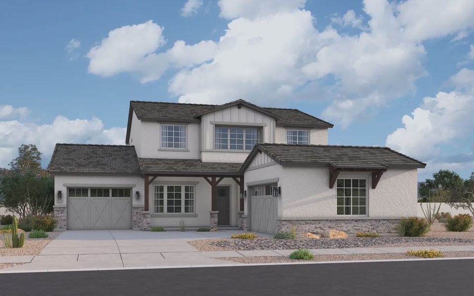 Representative exterior photo of a completed home built from the Delfino by Elliott Homes in Valencia at Granite Vista, Waddell, AZ (Image 1). Representative exterior photo of a completed home built from the Delfino by Elliott Homes in Valencia at Granite Vista, Waddell, AZ (Image 1).