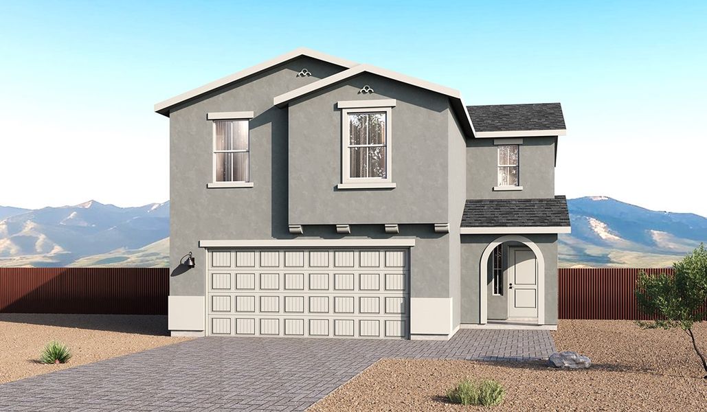 Front exterior of a new home in Redford Estates, Tucson, AZ, highlighting curb appeal (Image 1). Front exterior of a new home in Redford Estates, Tucson, AZ, highlighting curb appeal (Image 1).