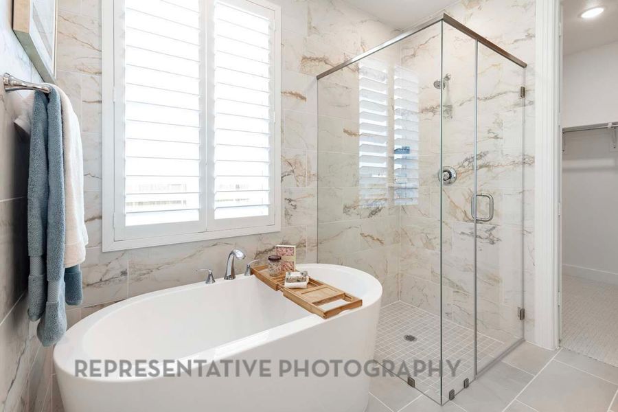 Full bathroom featuring a freestanding bath and a shower stall Full bathroom featuring a freestanding bath and a shower stall
