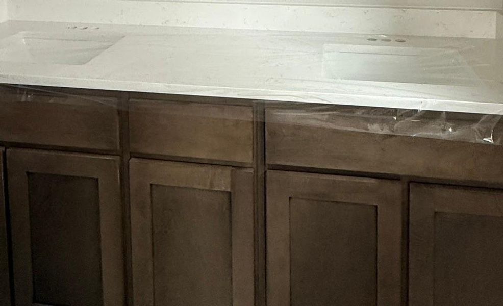 Dual undermount sinks set into a light-toned countertop, above custom-style cabinetry with a dark wood finish and inset panels Dual undermount sinks set into a light-toned countertop, above custom-style cabinetry with a dark wood finish and inset panels