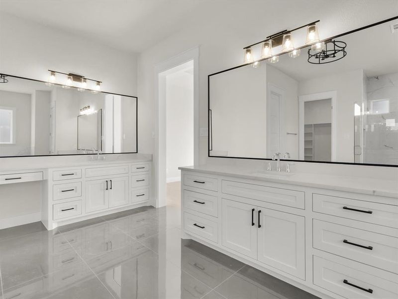 Double vanities with ample storage and vanity space