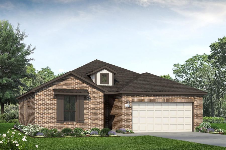 Rendering of one-story home with brick exterior, brown shutters, and light dormer window and garage with driveway and landscaping Rendering of one-story home with brick exterior, brown shutters, and light dormer window and garage with driveway and landscaping
