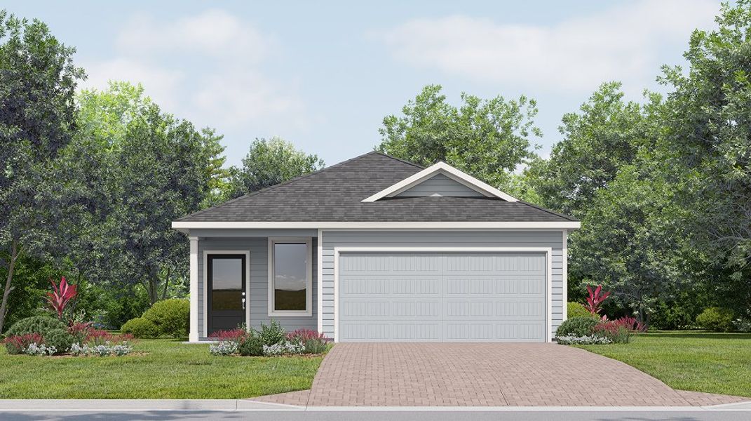 Front exterior of a new home in Wellness Ridge: Eventide Collection, Clermont, FL, highlighting curb appeal (Image 1).