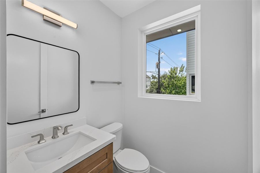Half bathroom located on the second floor keeping all secondary bedrooms and bathrooms private Half bathroom located on the second floor keeping all secondary bedrooms and bathrooms private