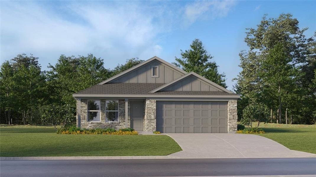 Craftsman house with a garage and a front yard