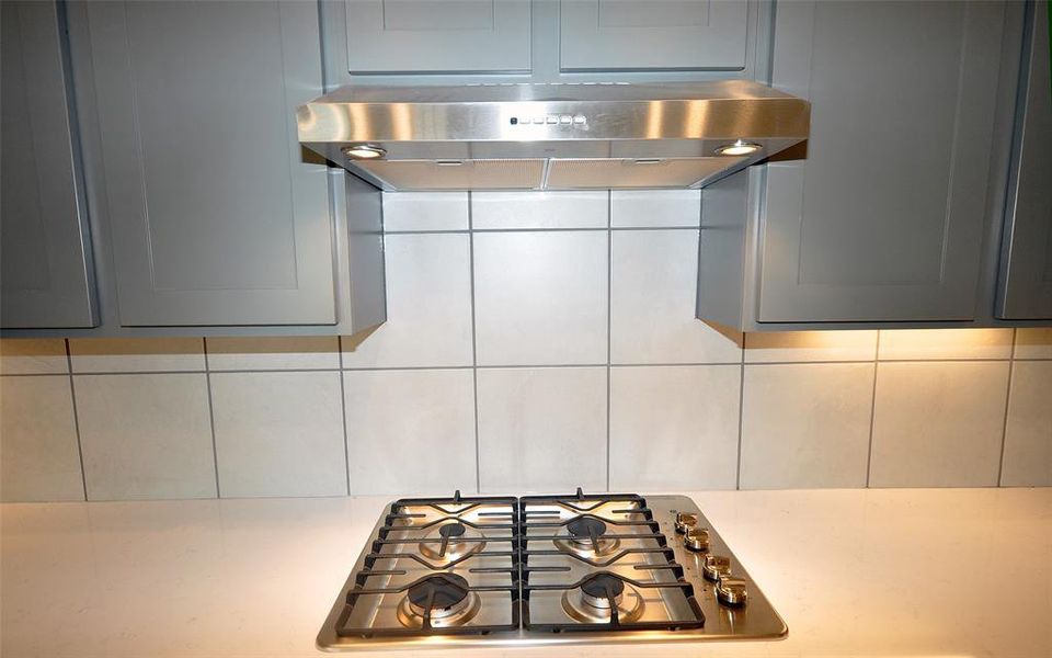 Gas cooktop is externally vented through hood above.