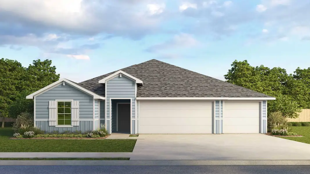 Front exterior of a new home in Railhead, Cedar Creek, TX, highlighting curb appeal (Image 1). Front exterior of a new home in Railhead, Cedar Creek, TX, highlighting curb appeal (Image 1).