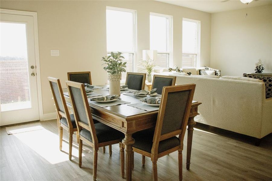 Dining space featuring ceiling fan and wood-type flooring