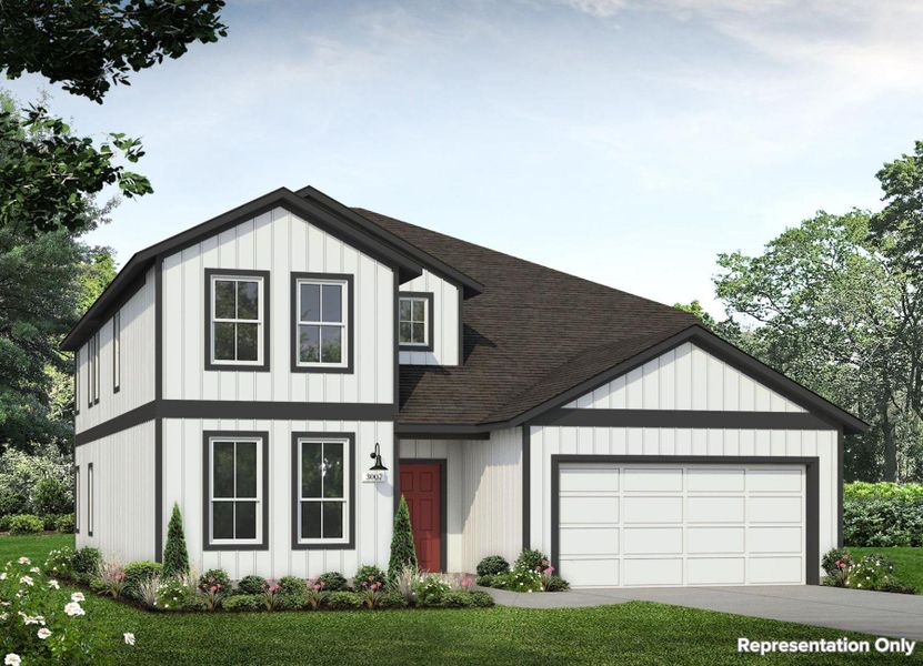 Front exterior of a new home in Cloverleaf, Austin, TX, highlighting curb appeal (Image 1). Front exterior of a new home in Cloverleaf, Austin, TX, highlighting curb appeal (Image 1).