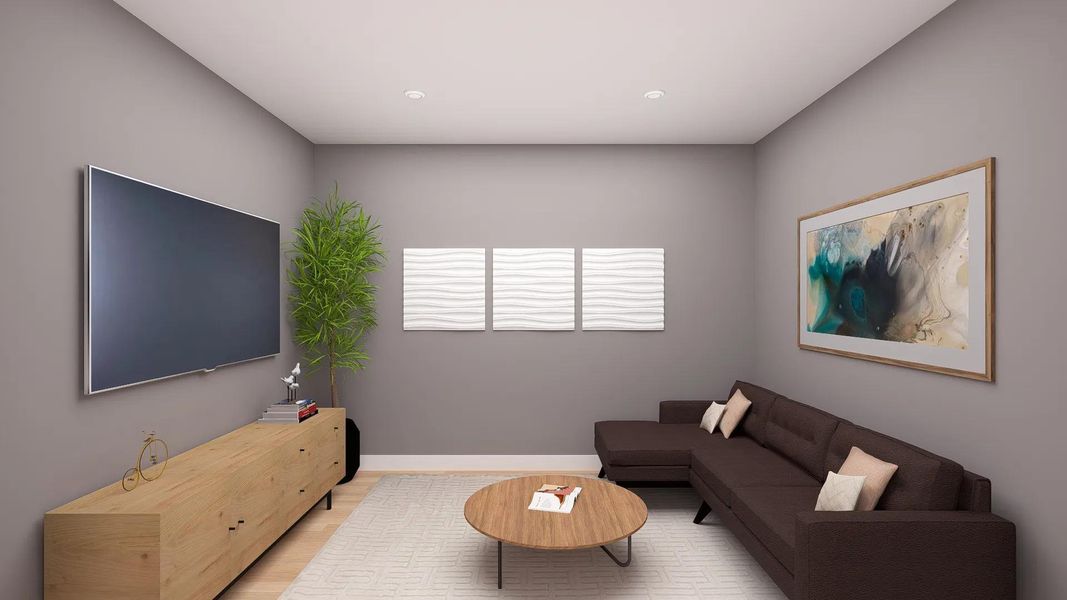 Recessed lighting illuminates this contemporary living space, creating an inviting atmosphere. Recessed lighting illuminates this contemporary living space, creating an inviting atmosphere.