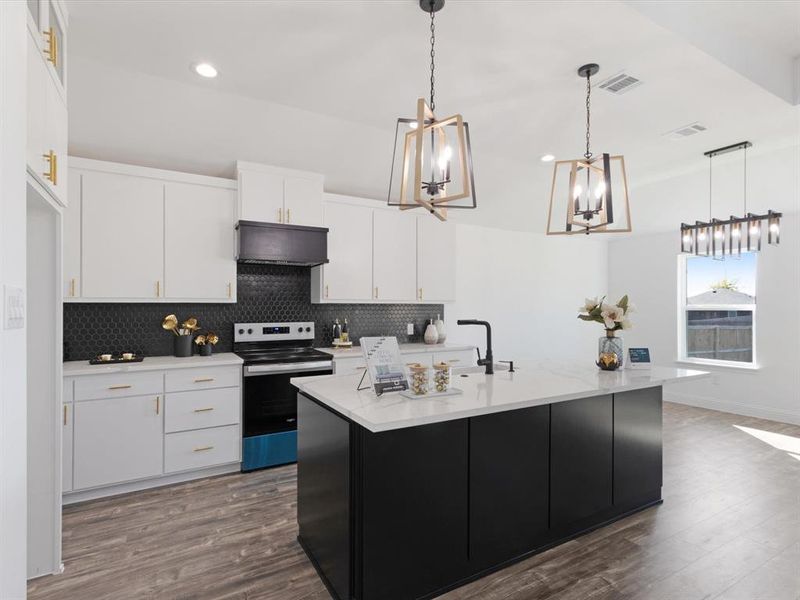 Kitchen with white cabinets, a kitchen island with sink, hanging light fixtures, and stainless steel electric range oven