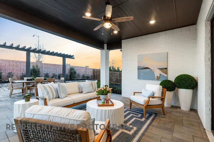 Patio terrace at dusk with an outdoor living space, a ceiling fan, a patio, and outdoor dining area Patio terrace at dusk with an outdoor living space, a ceiling fan, a patio, and outdoor dining area