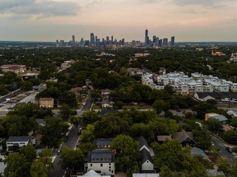 Aerial view at dusk of a view of skyline Aerial view at dusk of a view of skyline