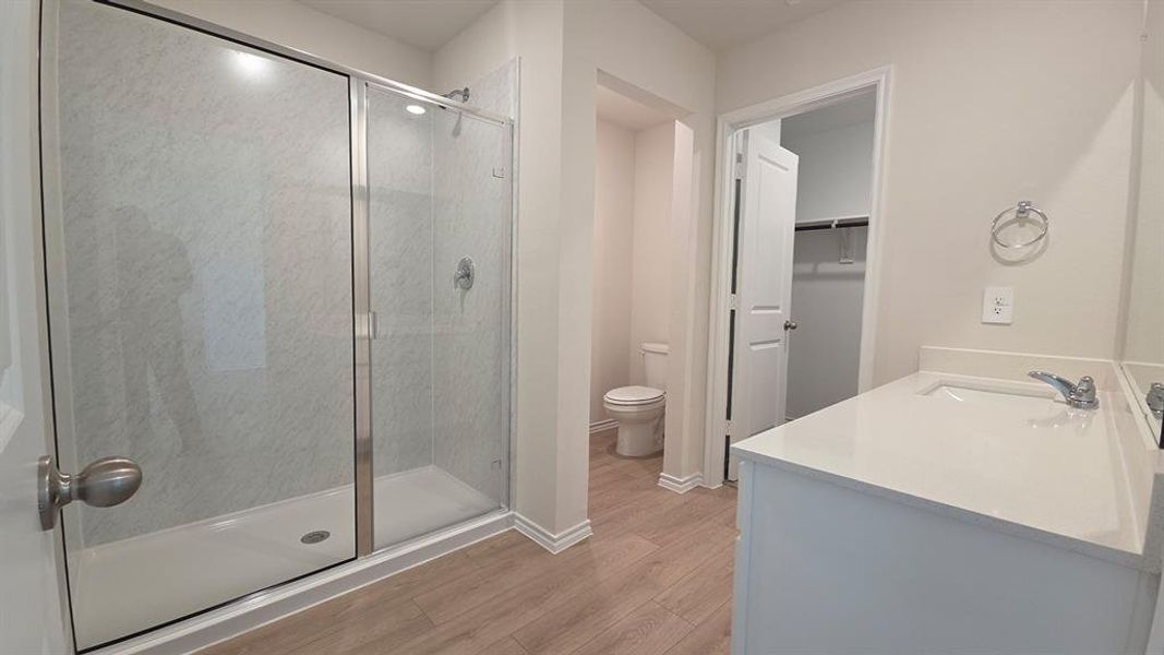 Bathroom featuring a glass-enclosed shower, single vanity with integrated sink, white countertop, and light wood-finish flooring Bathroom featuring a glass-enclosed shower, single vanity with integrated sink, white countertop, and light wood-finish flooring