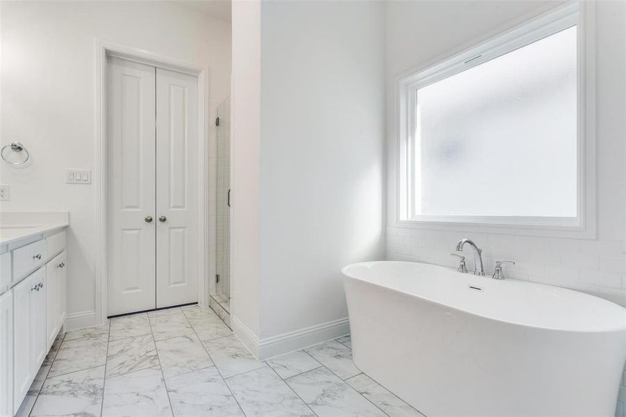 Bathroom featuring vanity and separate shower and tub