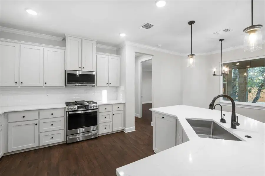 Kitchen with stainless steel appliances, a sink, tasteful backsplash, white cabinets, and dark wood-style floors Kitchen with stainless steel appliances, a sink, tasteful backsplash, white cabinets, and dark wood-style floors